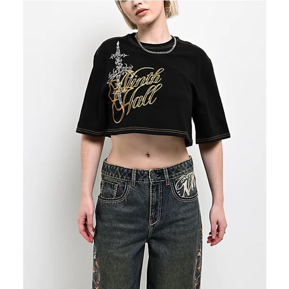 Ninth Hall Tattoo Graphic Crop Top Tee Black Yellow Y2K Grunge Women’s M